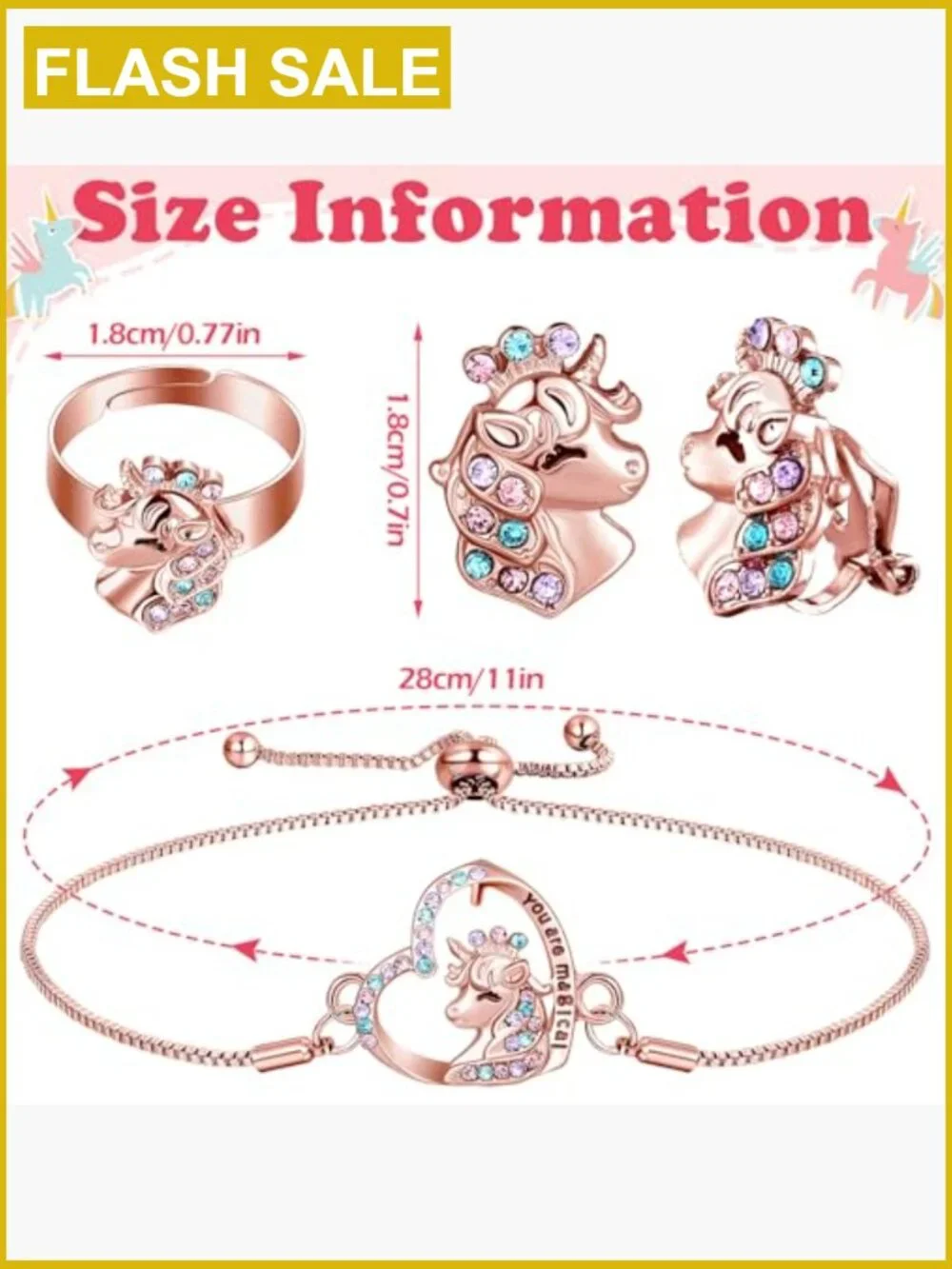 4 Pcs Unicorn Axolotl Jewelry Set Necklace Bracelet Ring Clip on Earrings for
